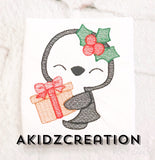 christmas penguin embroidery design, sketch penguin embroidery design, penguin with christmas present, christmas embroidery