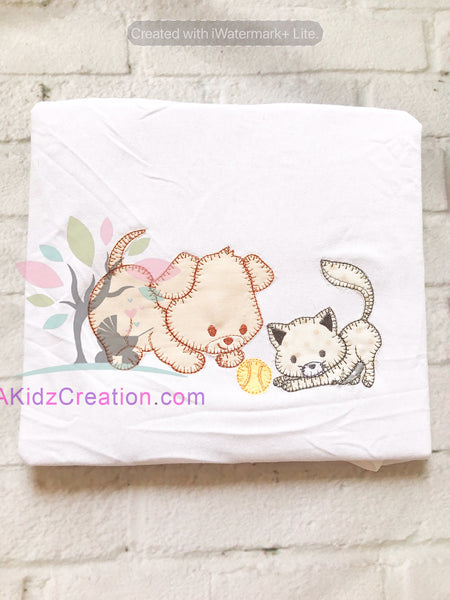 dog and cat playing ball embroidery design, dog and cat embroidery design, blanket stitch applique design, vintage stitch embroidery, vintage stitch applique, ball applique, ball embroidery, cat applique, cat embroidery, dog embroidery, dog applique, puppy embroidery, puppy applique