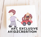 sketch embroidery design, a boy and his dog embroidery design, sketch boy embroidery design, sketch wagon embroidery design, kid pulling dog in wagon embroidery design, dog with bone embroidery design