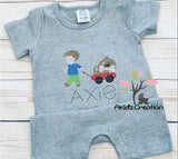 sketch embroidery design, a boy and his dog embroidery design, sketch boy embroidery design, sketch wagon embroidery design, kid pulling dog in wagon embroidery design, dog with bone embroidery design