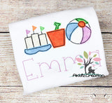 beach trio embroidery design, sand castle embroidery design, sand bucket embroidery design, beach ball embroidery design, summer embroidery design, beach trio embroidery design, day in the sun embroidery design, applique, machine embroidery applique, bean stitch applique