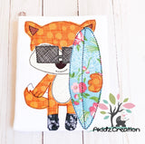 fox embroidery design, fox applique, machine embroidery fox applique, surf board embroidery design, surf board applique, fox in sunglasses embroidery design, beach fox embroidery design, beach embroidery design, summer embroidery design