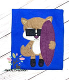 fox embroidery design, fox applique, machine embroidery fox applique, surf board embroidery design, surf board applique, fox in sunglasses embroidery design, beach fox embroidery design, beach embroidery design, summer embroidery design