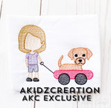 a girl and her dog embroidery design, girl embroidery design, wagon embroidery design, dog embroidery design, sketch girl embroidery design, sketch dog embroidery design