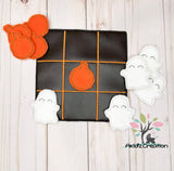 in the hoop halloween tic tac toe board embroidery, ghost  feltie embroidery design, pumpkin embroidery design, tic tac toe board embroidery design, halloween embroidery design