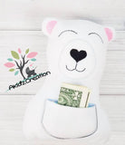 in the hoop polar bear embroidery design, polar bear stuffie embroidery design, in the hoop bear stuffie, bear tooth fairy pillow embroidery design