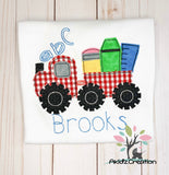 tractor embroidery design, school tractor embroidery design, school embroidery design, vehicle embroidery design, transportation embroidery design, pencil embroidery design, ruler embroidery design, marker embroidery design, car embroidery design, tractor applique
