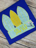 surf board embroidery design, surf board applique, machine embroidery surf board design, surf board applique, surf board monogram embroidery design, bean stitch applique, surf board trio embroidery design