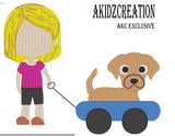a girl and her dog embroidery design, girl embroidery design, wagon embroidery design, dog embroidery design, sketch girl embroidery design, sketch dog embroidery design