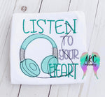 listen to your heart embroidery design, head phones embroidery design, head phones applique, mental health embroidery design