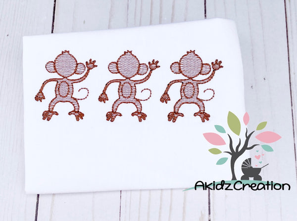 monkey embroidery, sketch design, sketch embroidery, machine embroidery, five little monkeys embroidery design, sketch embroidery design, trio embroidery design, sketch monkey trio embroidery design, chimp embroidery design