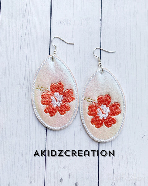 ith hibiscus flower earrings, machine embroidery earrings, hibiscus flower embroidery design, in the hoop embroidery design