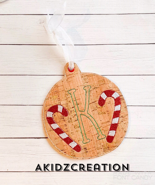 in the hoop candy cane ornament, candy cane monogram, monogram embroidery design, christmas monogram embroidery design, candy cane embroidery design, kya font embroidery design