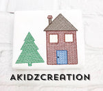 sketch house embroidery design, christmas tree embroidery design, tree embroidery design, house embroidery design