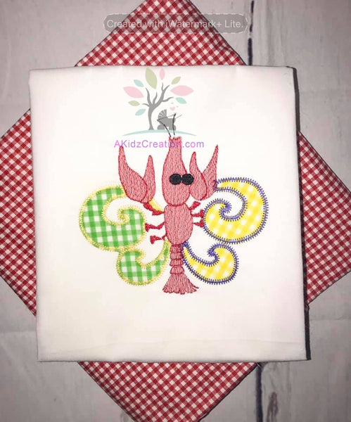 fleur de lis, mardi gras, embroidery, machine embroidery, lobster, crawfish, 
