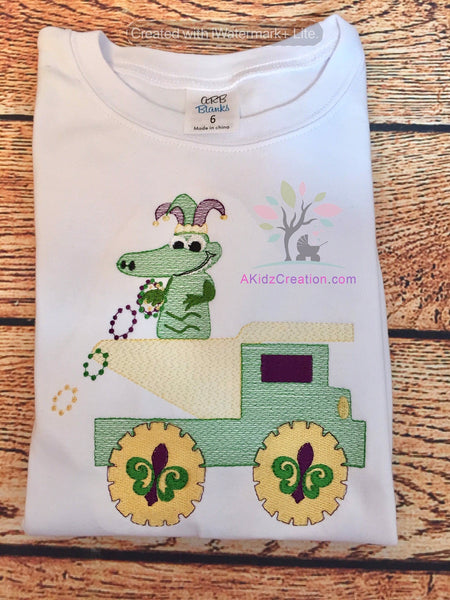 mardi gras embroidery, sketch design, akidzcreation, mardi gras gator dump truck, dump truck embroidery design