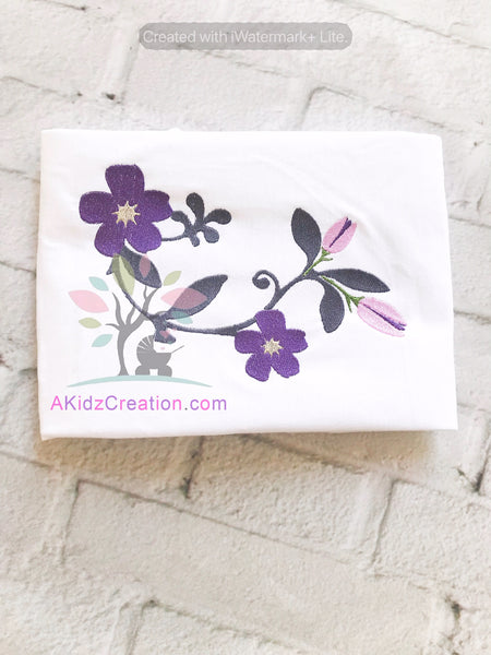 purple flower embroidery, flower embroidery, flower on vine embroidery, vine embroidery, spring embroidery