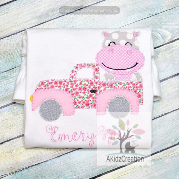 truck embroidery design, hippo embroidery design, hippo peeker embroidery design, truck embroidery, truck applique, transportation embroidery