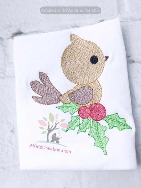 bird embroidery, sketch bird design, free embroidery design, holly embroidery design, Christmas embroidery design, akidzcreation, bird on holly embroidery design, holly leaf embroidery design