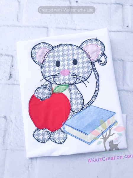 mouse embroidery, apple embroidery, book embroidery, school book embroidery, mouse embroidery, school animal embroidery, animal embroidery