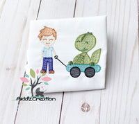 a boy and his dinosaur embroidery design, dino embroidery design, dinosaur embroidery design, dinosaur in a wagon embroidery design, sketch dinosaur embroidery design, sketch dino embroidery design, sketch wagon embroidery design, boy embroidery design
