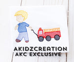 a boy pulling his fire truck embroidery design, fire truck embroidery design, sketch embroidery design, sketch fire truck embroidery design