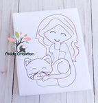 a girl and her cat embroidery design, cat embroidery design, quick stitch embroidery design, girl sitting down with her cat embroidery design, quilting pattern embroidery design