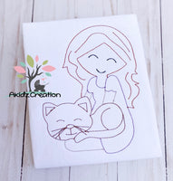 a girl and her cat embroidery design, cat embroidery design, quick stitch embroidery design, girl sitting down with her cat embroidery design, quilting pattern embroidery design