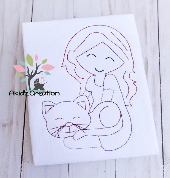 a girl and her cat embroidery design, cat embroidery design, quick stitch embroidery design, girl sitting down with her cat embroidery design, quilting pattern embroidery design