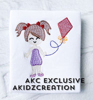 girl holding a kite embroidery design, kite embroidery design, girl embroidery design, sketch embroidery design, summer embroidery design, sketch embroidery design