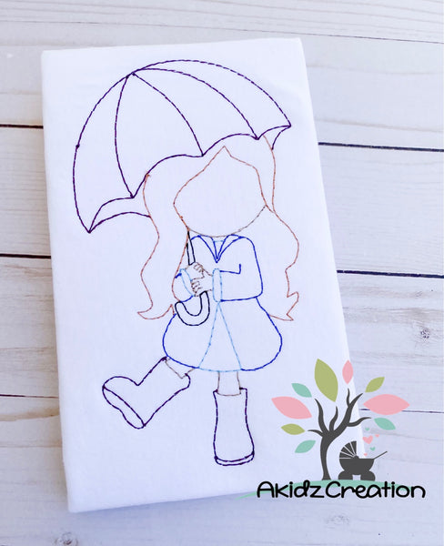 april showers girl embroidery design, quick stitch embroidery design, girl with umbrella embroidery design, girl in rainboots embroidery design, rain coat embroidery design