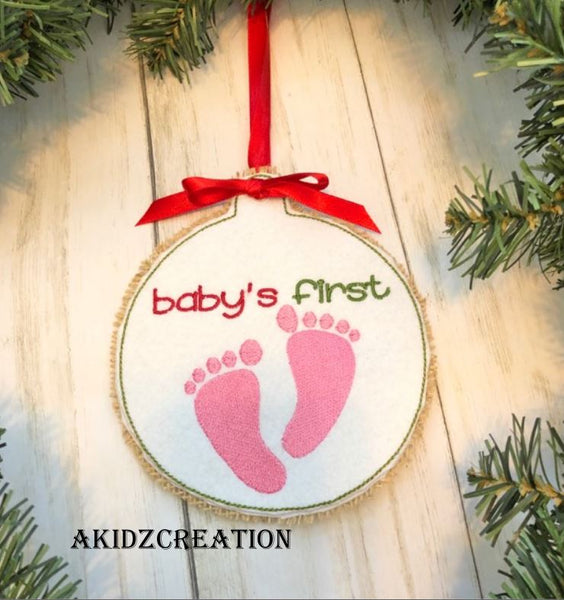 ith babys first ornament, baby feet embroidery design, ornament embroidery design, in the hoop ornament, first christmas embroidery design, christmas embroidery design