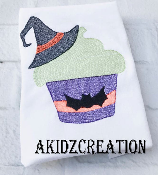 halloween cupcake, sketch embroidery design, witch hat embroidery design, bat embroidery design, cupcake embroidery design
