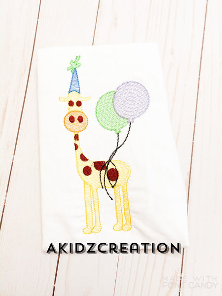 birthday balloon embroidery design, birthday embroidery design, giraffe embroidery design, birthday giraffe embroidery design, sketch embroidery design, sketch giraffe embroidery design, machine embroidery giraffe embroidery design
