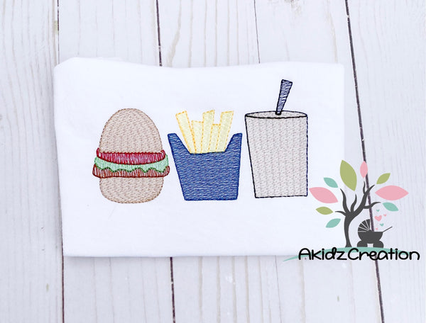 burger embroidery design, french fries embroidery design, shake embroidery design, soda embroidery design, burger trio embroidery design, sketch embroidery design, sketch trio embroidery design