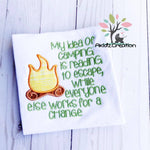 camping reading pillow, pocket pillow, fire pit applique, camp embroidery, camping embroidery