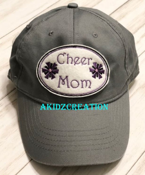 cheer mom embroidery design, in the hoop cheer mom hat patch, in the hoop hat patch, in the hoop embroidery, cheer mom embroidery