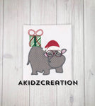 christmas hippo embroidery design, christmas embroidery design, hippo embroidery design, hippo applique, christmas present embroidery design, santa hat embroidery design, christmas embroidery design