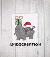 christmas hippo embroidery design, christmas embroidery design, hippo embroidery design, hippo applique, christmas present embroidery design, santa hat embroidery design, christmas embroidery design
