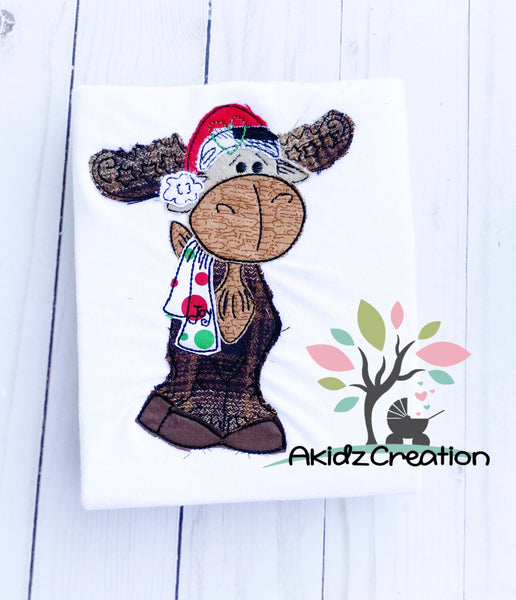christmas moose applique embroidery design, moose embroidery design, moose applique, christmas moose applique, santa hat embroidery design, christmas embroidery design