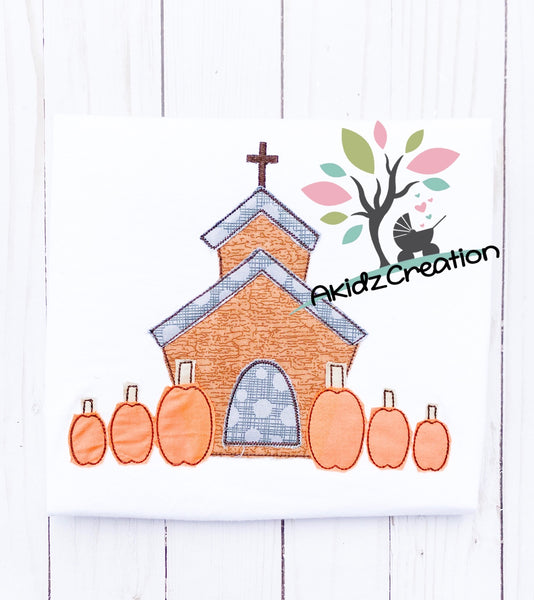church applique, church embroidery design, church pumpkin patch embroidery design, thanksgiving embroidery design, pumpkin applique, pumpkins at the church design, church applique, applique, machine embroidery church design