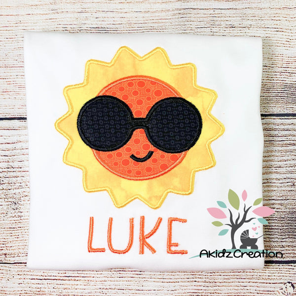 sun embroidery design, cool sun embroidery design, sun applique, applique, summer embroidery design, sun with sunglasses embroidery design
