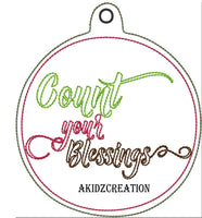 count your blessings embroidery design, in the hoop embroidery, in the hoop ornament embroidery design, machine embroidery design, thanksgiving embroidery design, christmas embroidery design