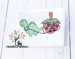 dino pulling strawberry embroidery design, strawberry embroidery design, dino embroidery design, dinosaur embroidery design, sketch embroidery design, sketch strawberry embroidery design, sketch dinosaur embroidery design, fruit embroidery design, food embroidery design