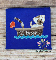boat embroidery design, fishing embroidery design, fishing boat embroidery design, dog embroidery design, dog fishing embroidery design, fishing pole embroidery design, fish embroidery design, applique, dog fishing applique, bean stitch applique