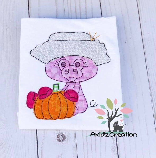 pig embroidery design, fall piggie embroidery design, pig embroidery design, pumpkin embroidery design, straw hat embroidery design. farm embroidery design, farm pig embroidery design, bean stitch applique
