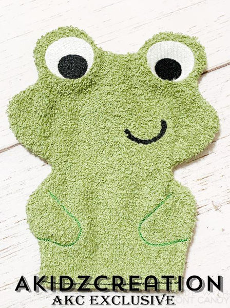 in the hoop frog washie embroidery design, bath mitt embroidery design, in the hoop embroidery design, frog embroidery design, frog hand puppet embroidery design