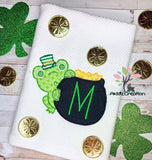 frog embroidery design, frog and pot of gold embroidery design, pot of gold embroidery design, st patricks day embroidery design, applique, bean stitch applique, frog applique, bean stitch frog applique