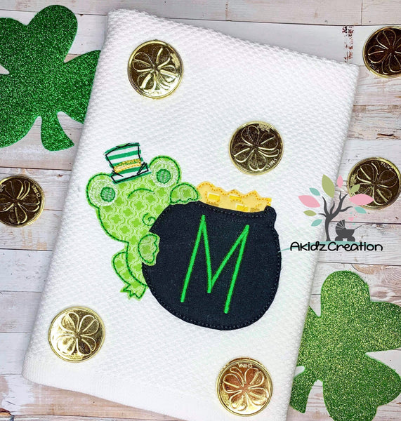 frog embroidery design, frog and pot of gold embroidery design, pot of gold embroidery design, st patricks day embroidery design, applique, bean stitch applique, frog applique, bean stitch frog applique