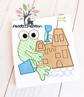 frog embroidery design, sand castle embroidery design, frog applique, sand castle applique, frog building sand castle embroidery design, sand bucket embroidery design, shovel and bucket embroidery design
